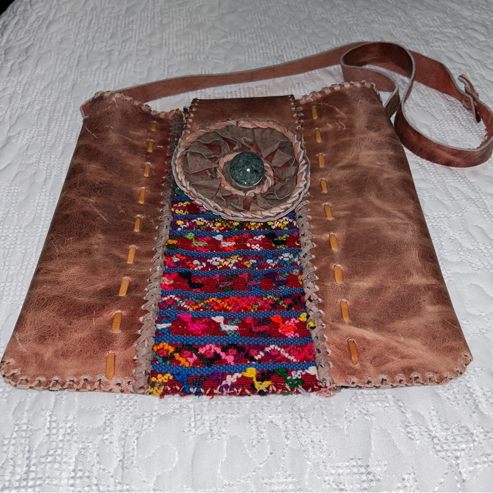 Beautiful Artisan Mayan Huipil Leather Crossbody - Picture 2 of 8